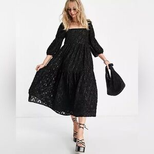 Topshop jacquard chuck on midi dress black metallic lace tiered size 6